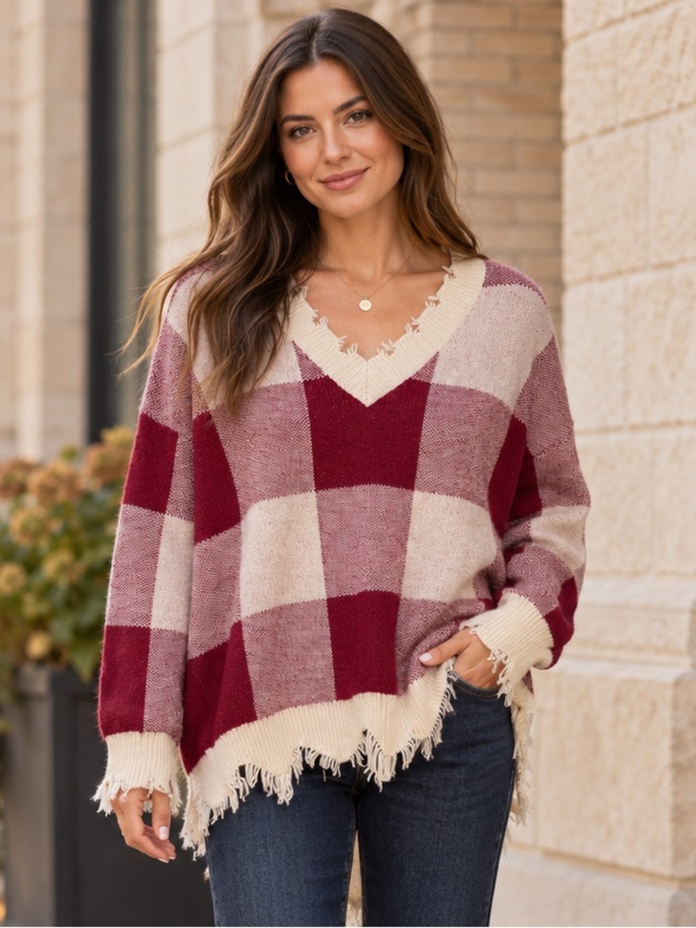 Mainstrip Women’s M Burgundy Cream Plaid Distressed V-Neck Sweater